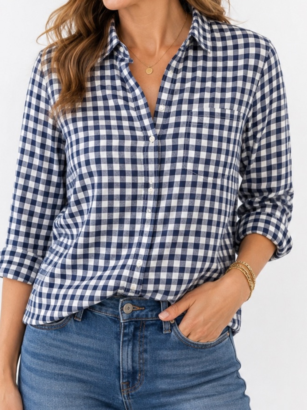 J.Crew Blue White Gingham Button Front Shirt Women’s Large 100% Cotton Long Slee